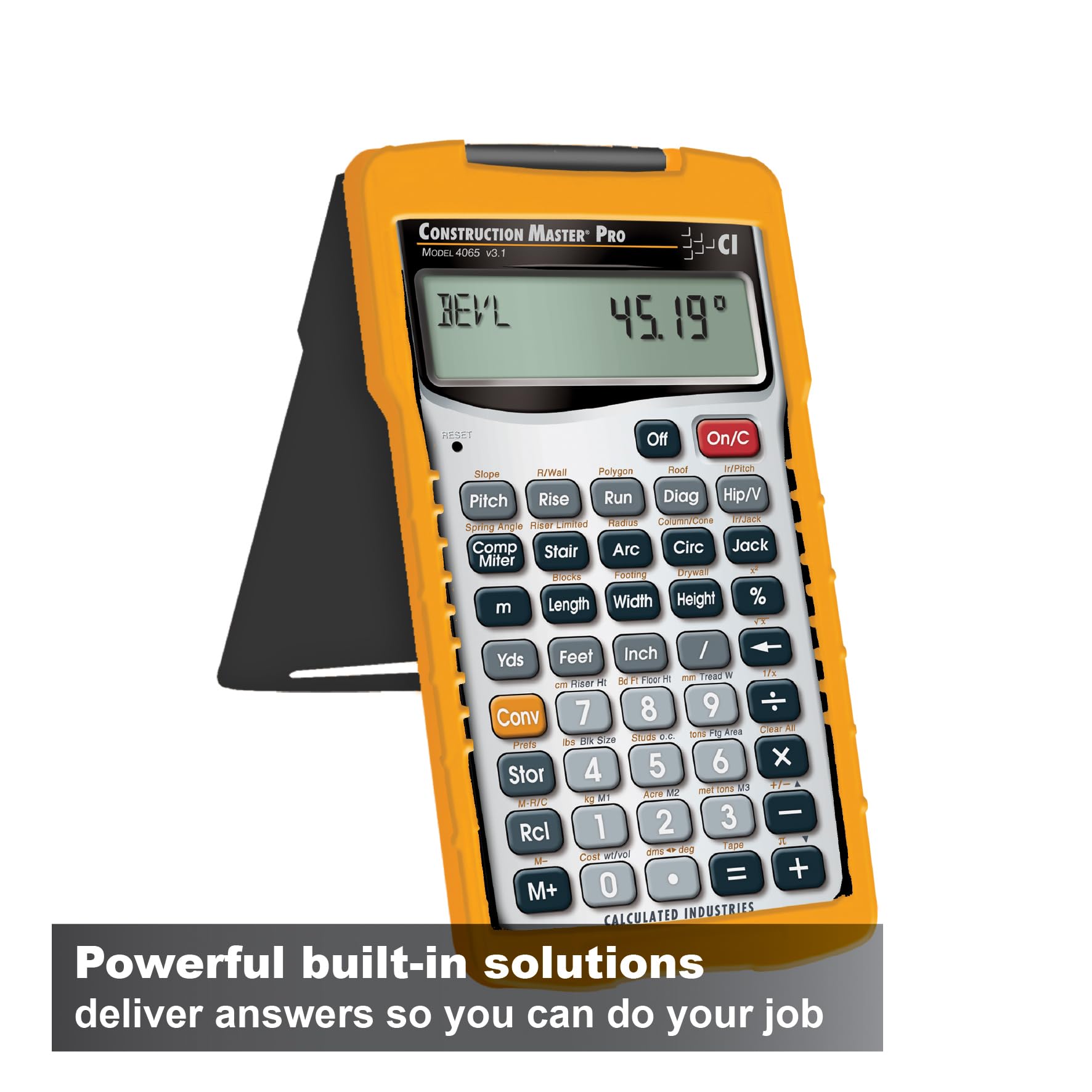 Calculated Industries pantalla mostrando resultados de ángulos y longitudes para ahorro