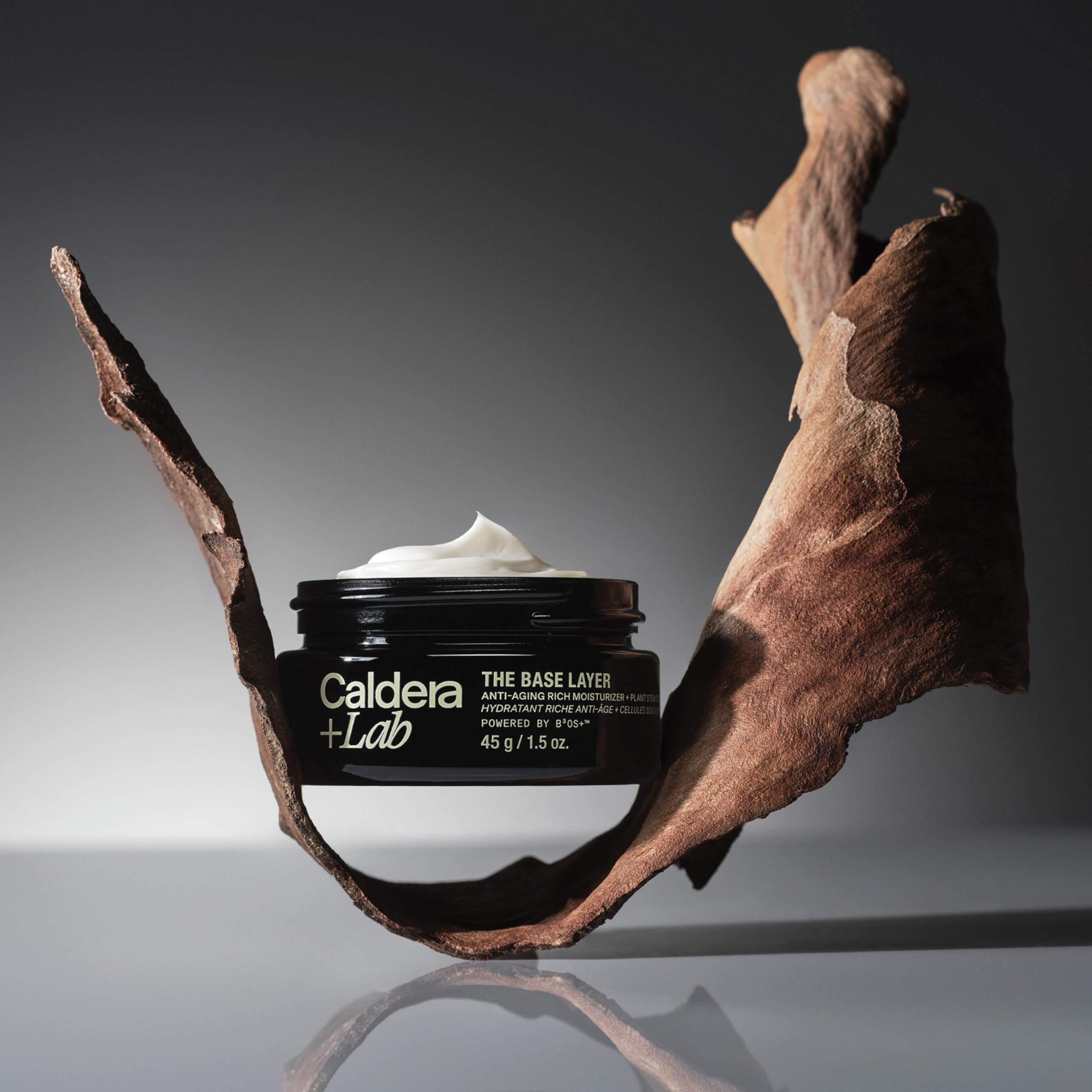 Caldera + Lab label close-up showing botanical ingredients and certification benefit