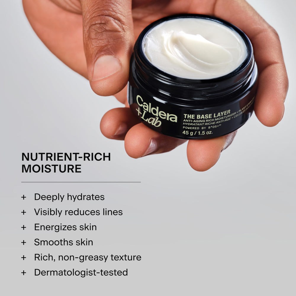 Caldera + Lab cream texture close-up highlighting fast-absorbing finish