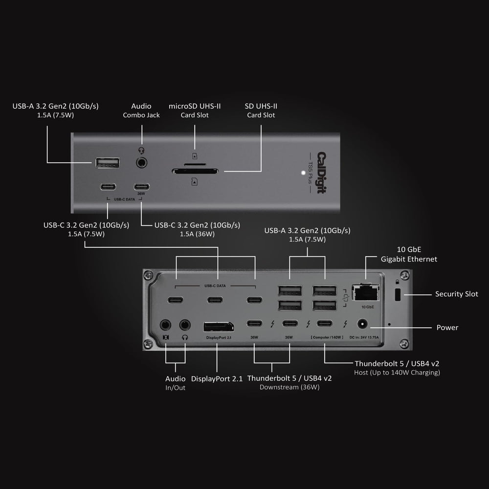 CalDigit TS5 PLUS chasis de aluminio detalle disipación y robustez