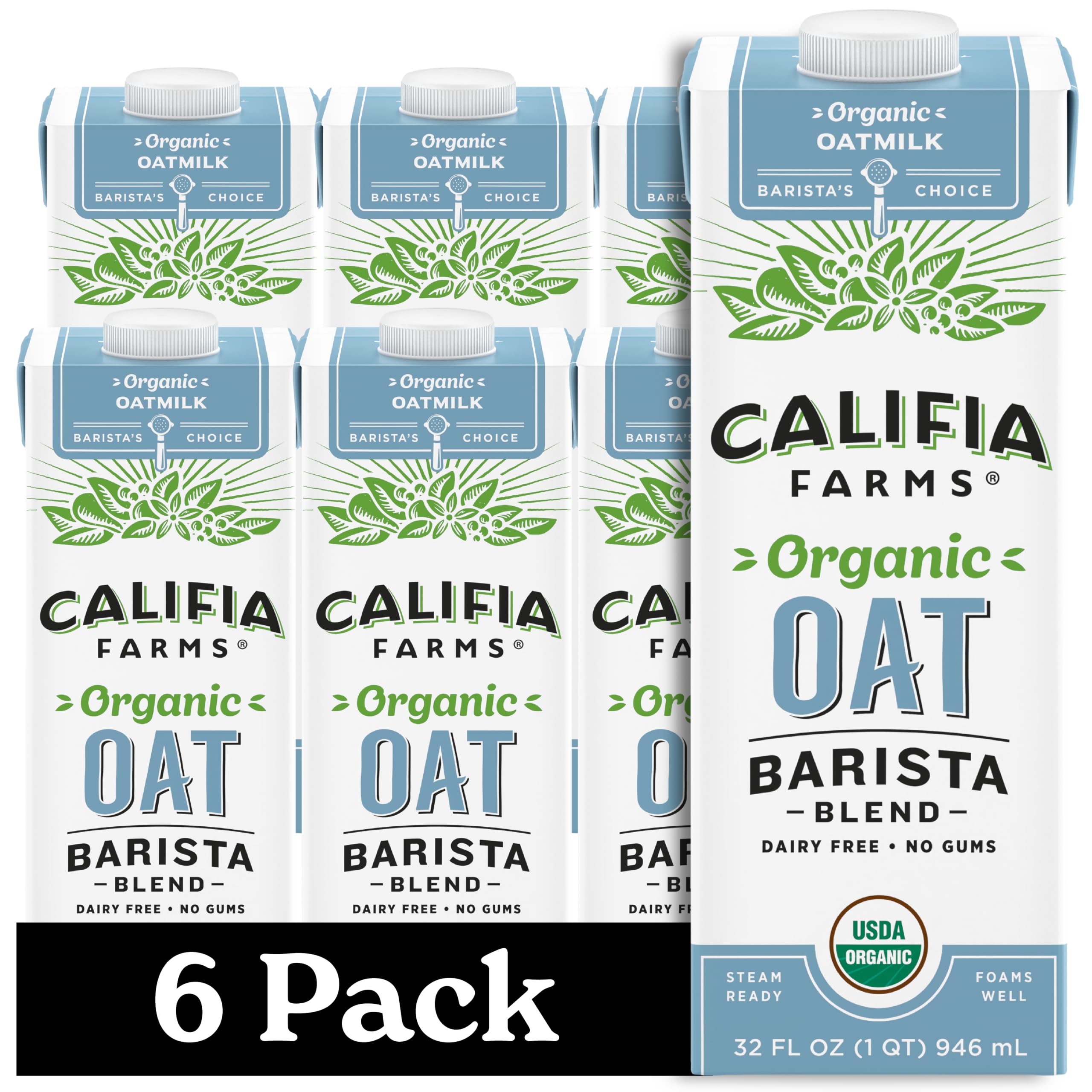 Califia Farms frente del pack de seis envases, conveniente para almacenamiento