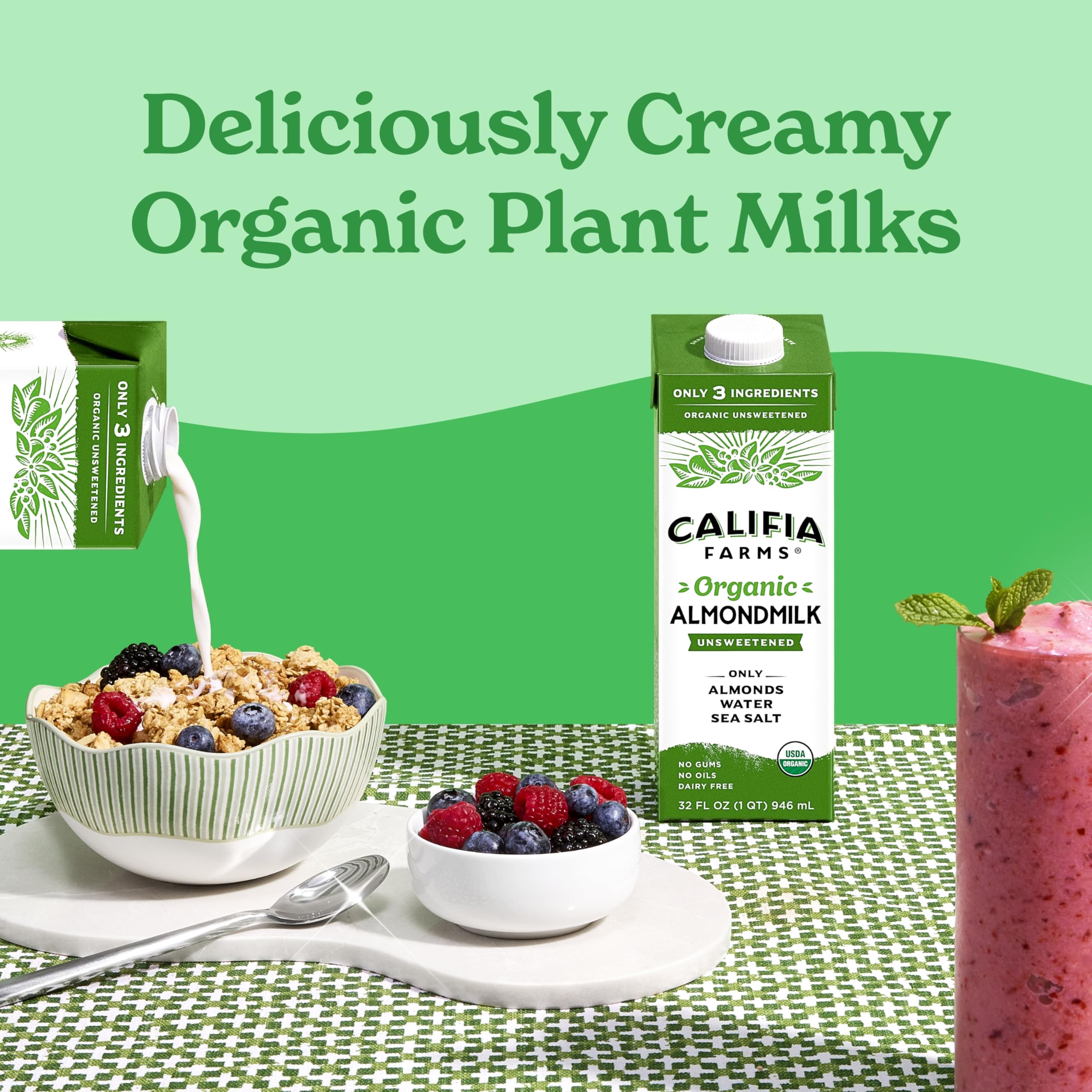 Califia Farms servido en tazón de cereal mostrando uso diario