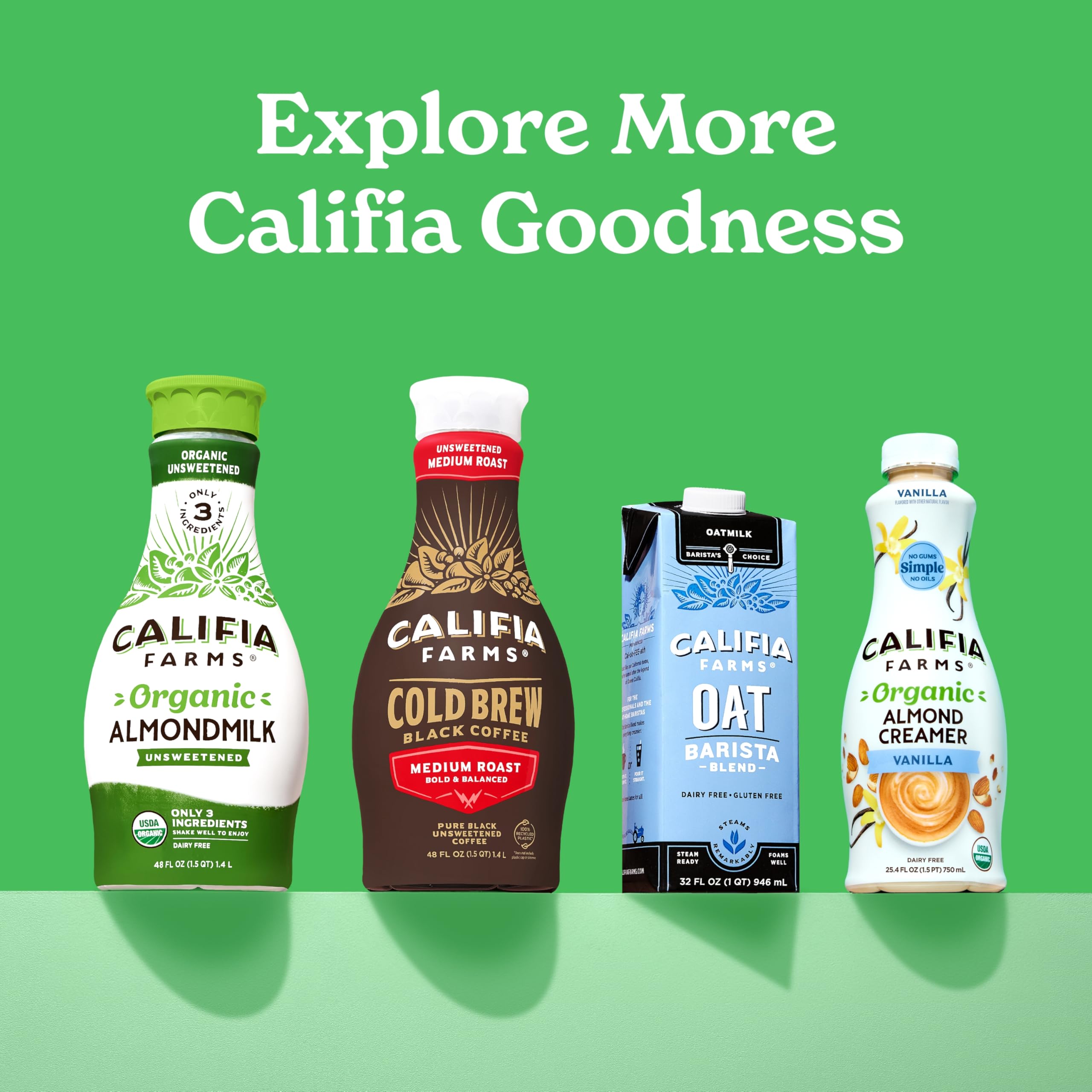 Cartón de Califia Farms junto a un tazón de cereal para comparar tamaño