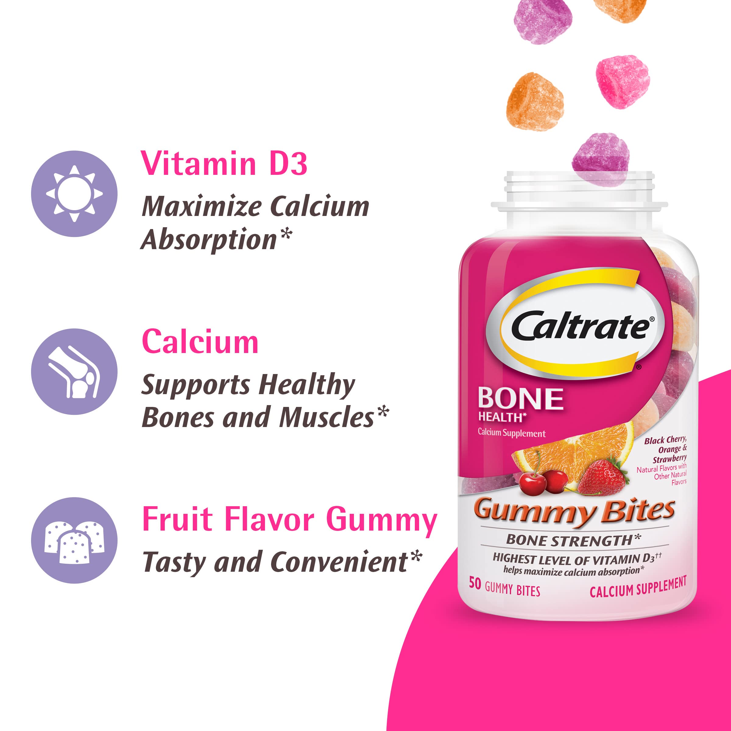 Three Caltrate gummy flavors displayed to show variety and enjoyable taste