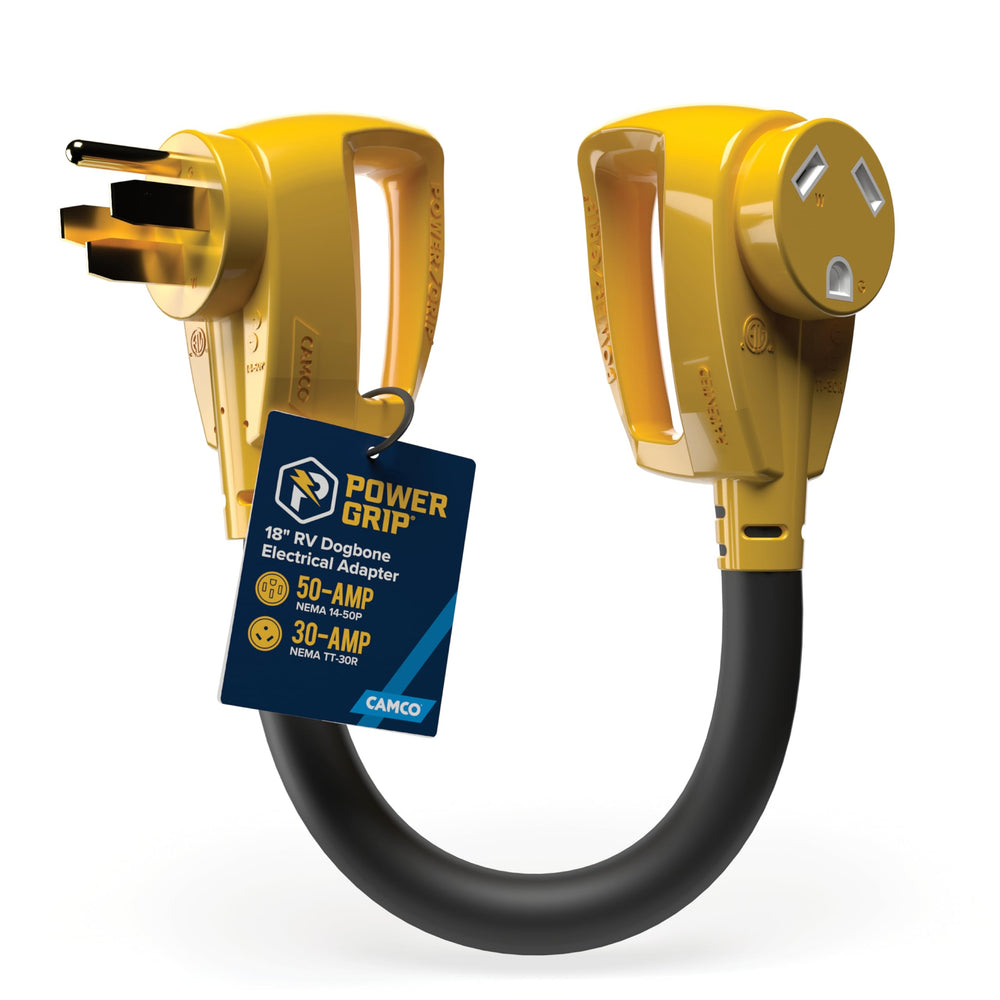 Camco adaptador frontal mostrando conectores NEMA para conexión segura