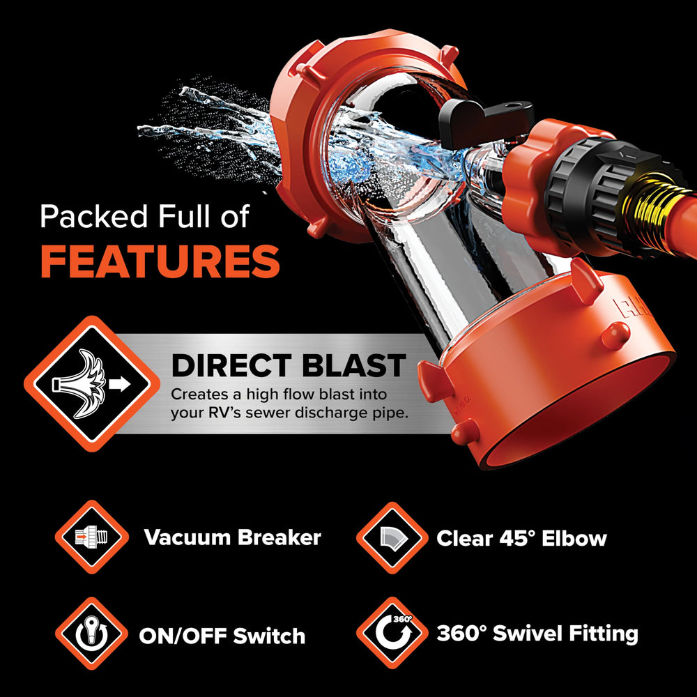 Camco Rhino Blaster en uso limpiando tanque y mejorando higiene
