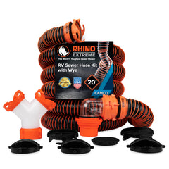 Camco manguera frontal y empaque mostrando kit completo y beneficios de organización