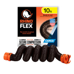 Camco RhinoFLEX vista frontal con conexiones y acople seguro