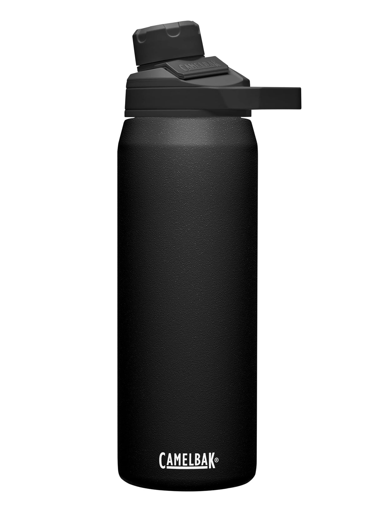 CamelBak Chute Mag front view showing sleek black finish and logo benefit: durable carry