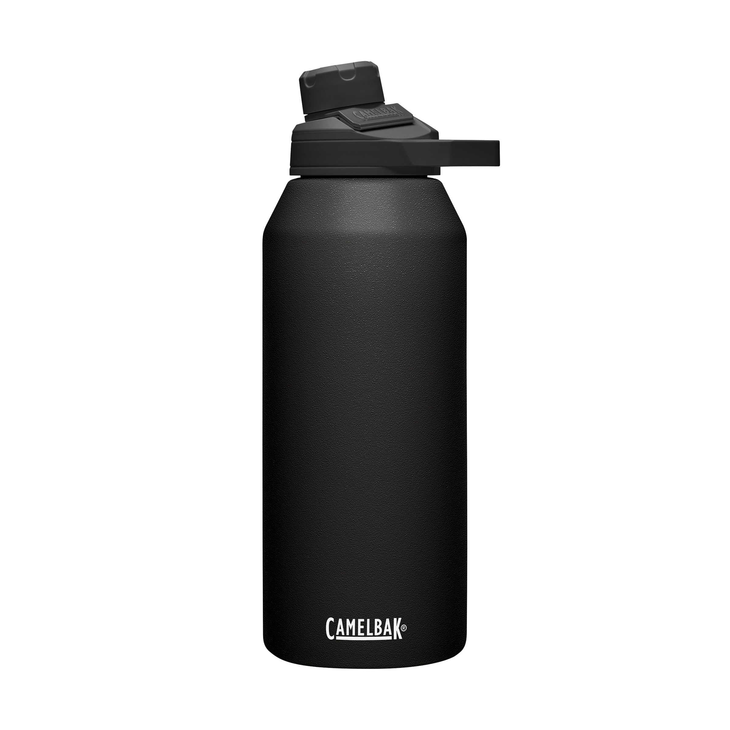 CamelBak vista frontal de la botella negra mostrando capacidad y diseño resistente