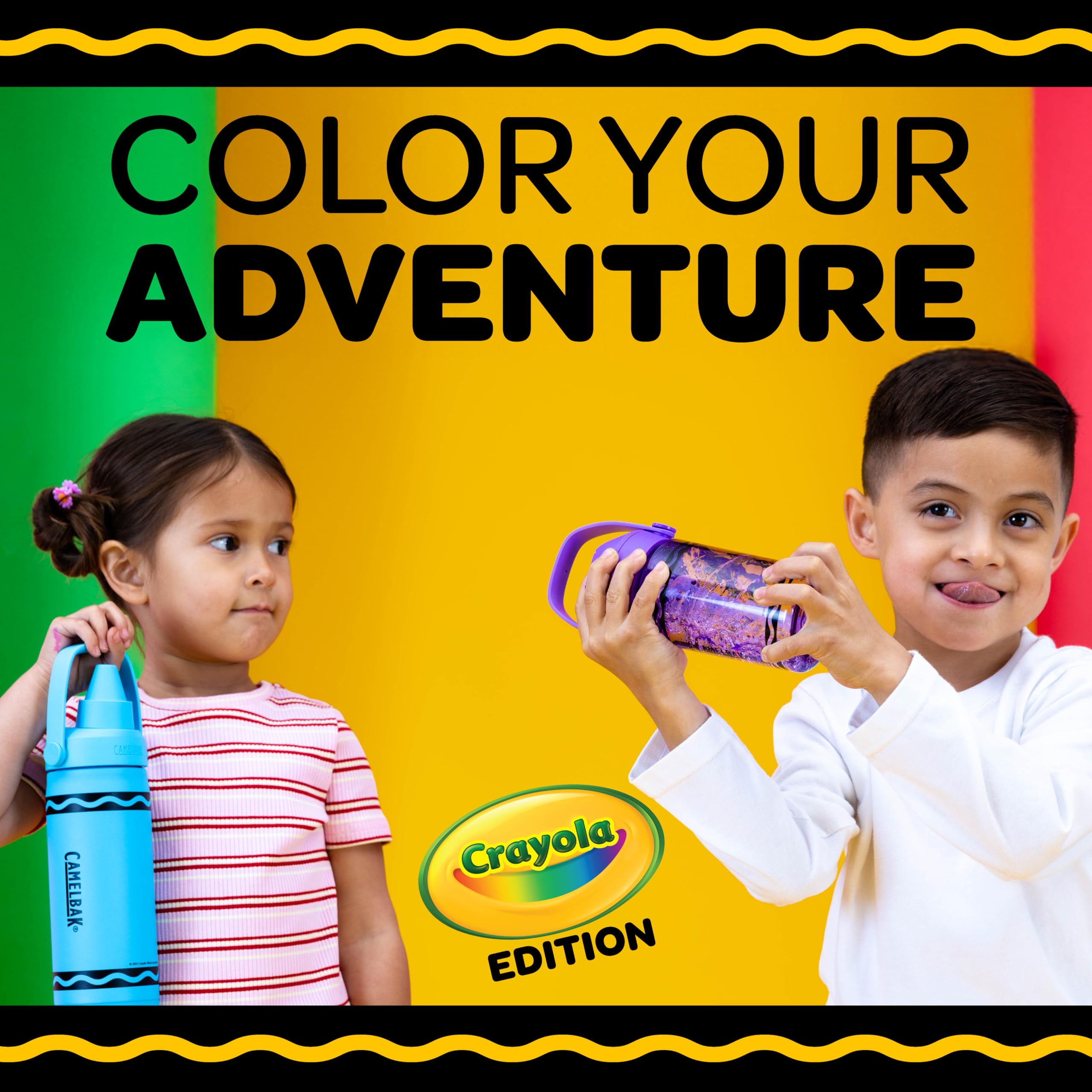CamelBak etiqueta y color Crayola destacando diseño llamativo y reconocible