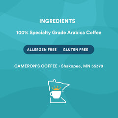 Cameron's Coffee comparativa de tamaño del envase con manos, rendimiento duradero