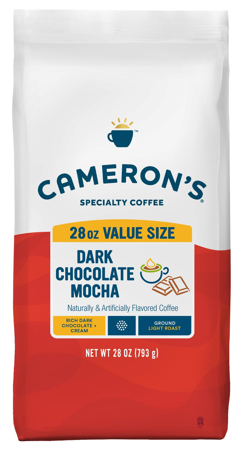Cameron's Coffee bolsa frontal mostrando nombre y beneficio de sabor