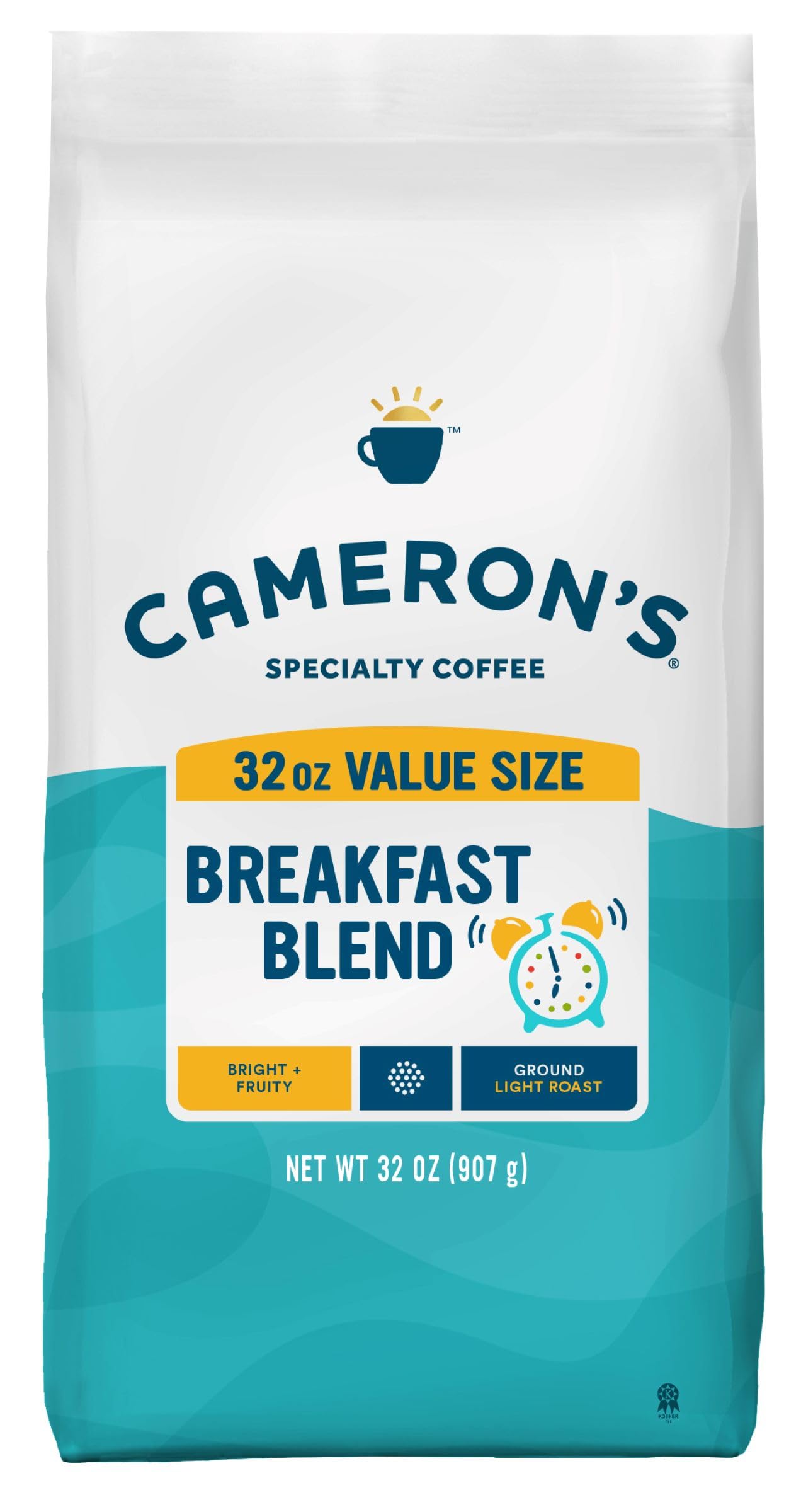 Cameron's Coffee paquete frontal mostrando marca y tamaño, conveniencia para hogar