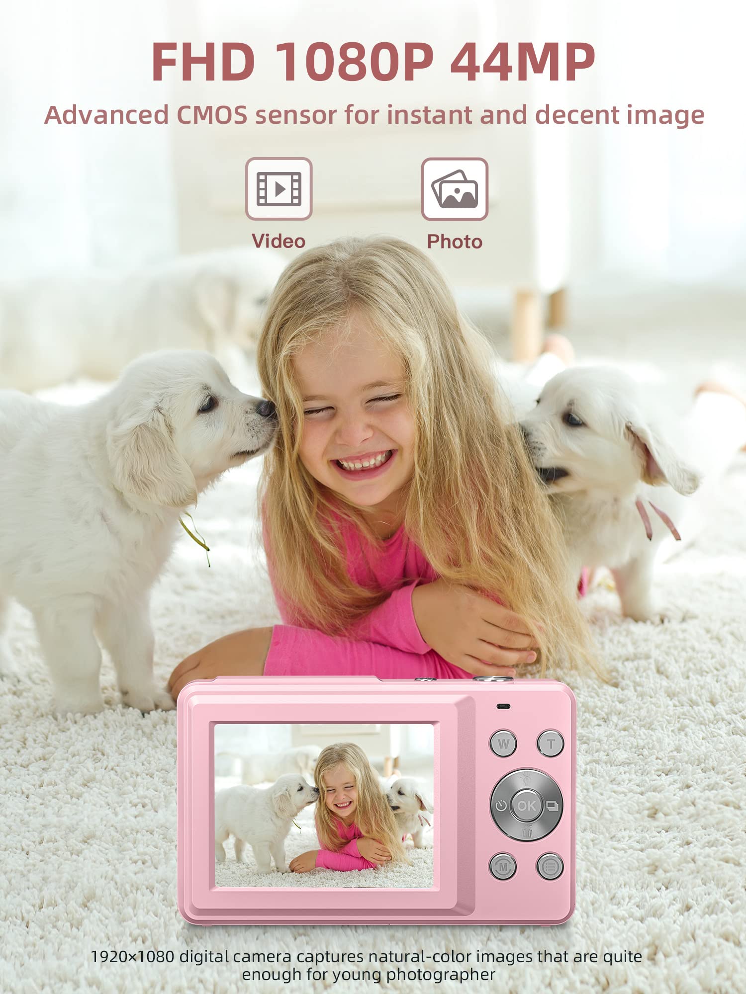 CAMKORY pantalla LCD grande mostrando interfaz clara y fácil lectura para niños