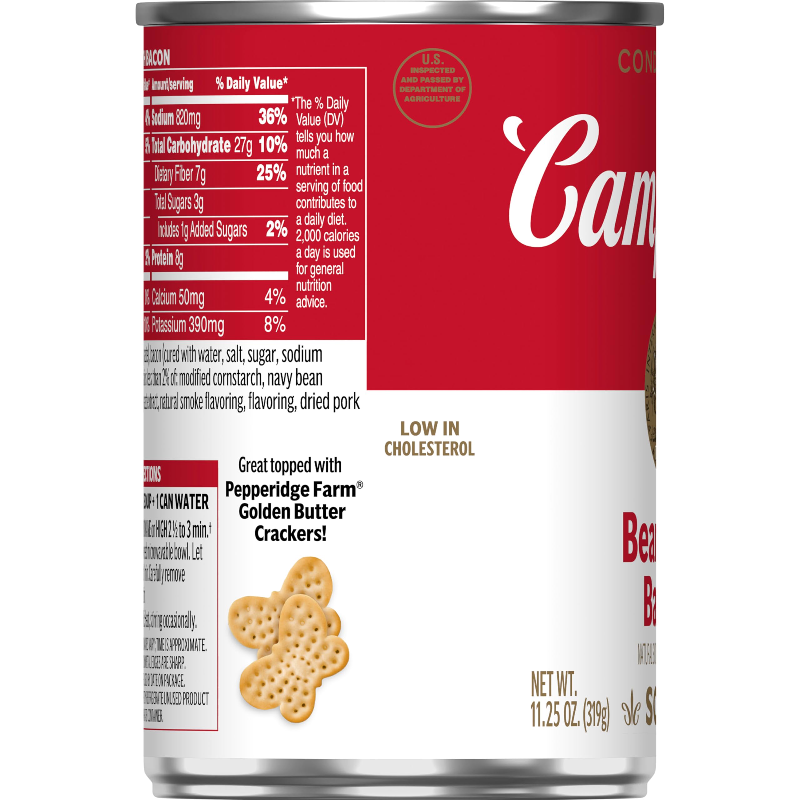 Campbell's lata junto a utensilios para comparar tamaño y porción