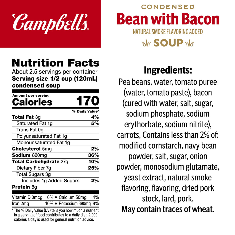 Campbell's primer plano de textura de sopa con frijoles y tocino, aspecto apetitoso