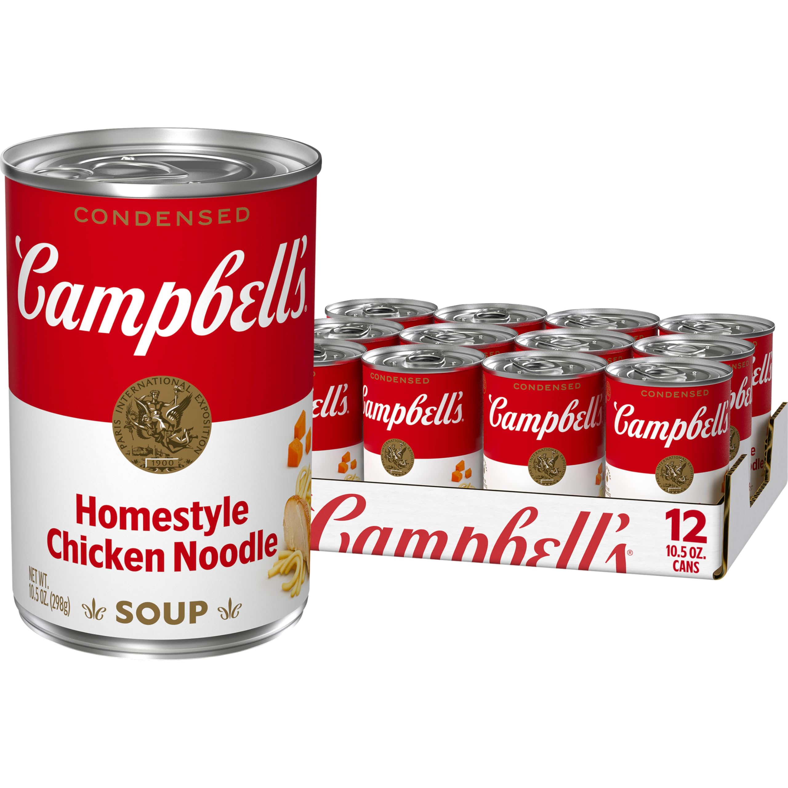 Campbell's lata frente Homestyle mostrando etiqueta y conveniencia