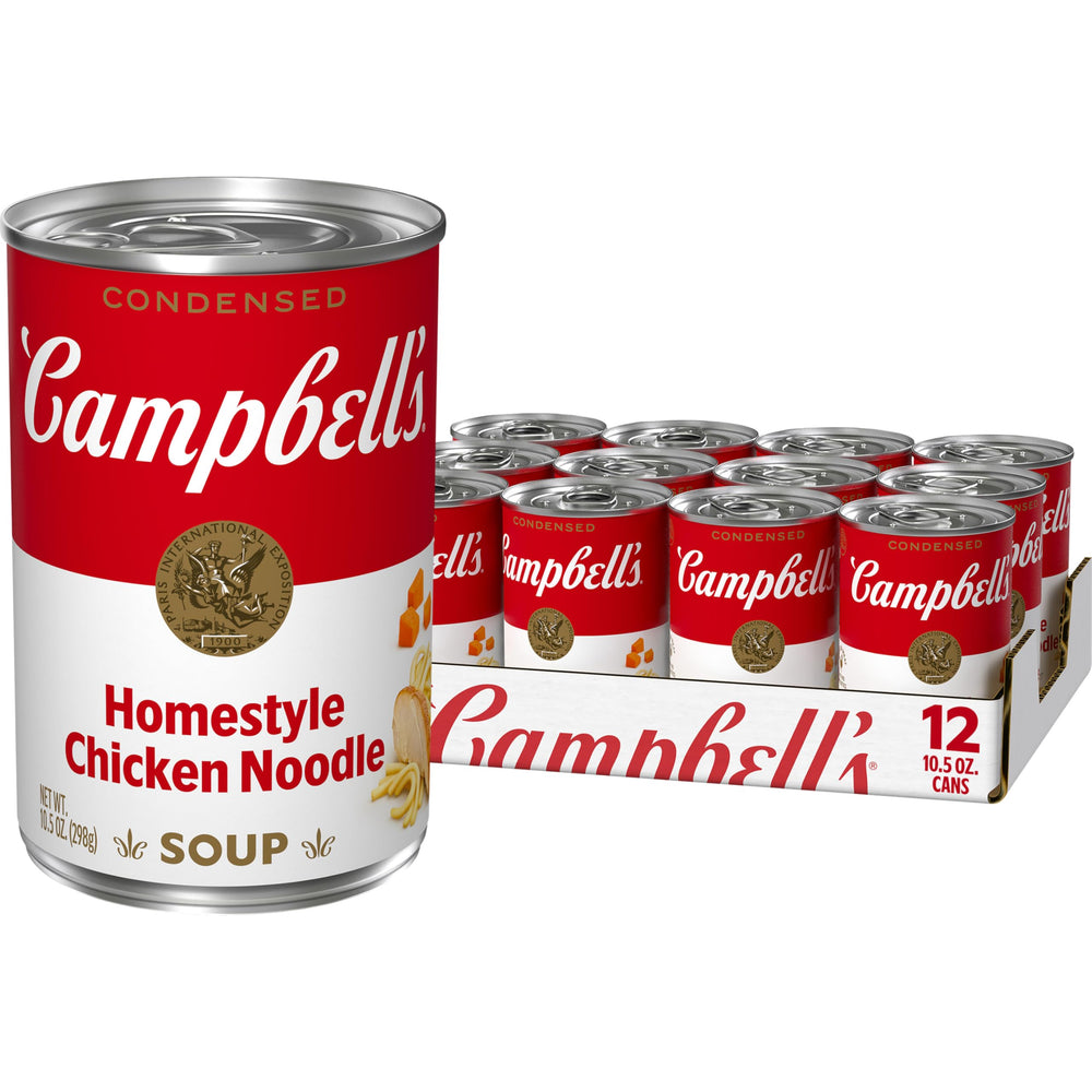 Campbell's lata frente Homestyle mostrando etiqueta y conveniencia