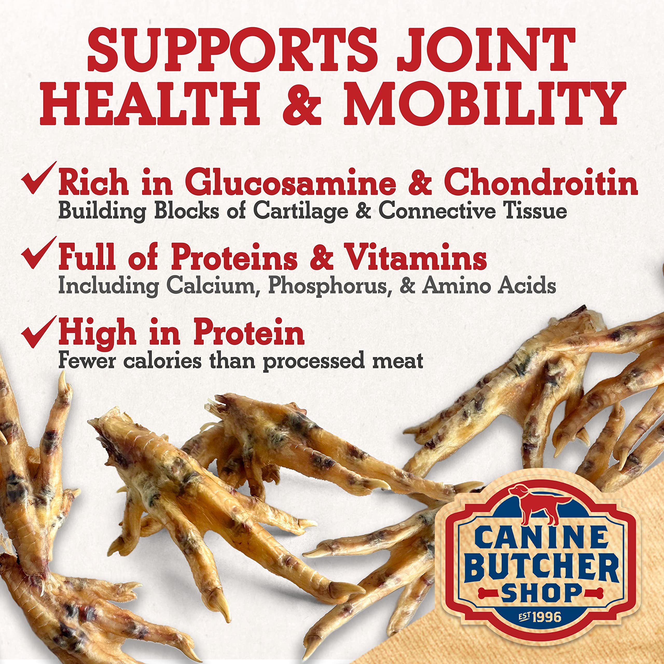 Single Canine Butcher Shop chicken foot on black background showing natural single ingredient