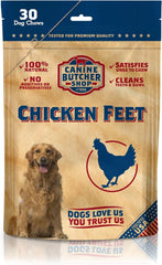 Canine Butcher Shop front packaging showing 30 chicken feet and USA-made label for trust