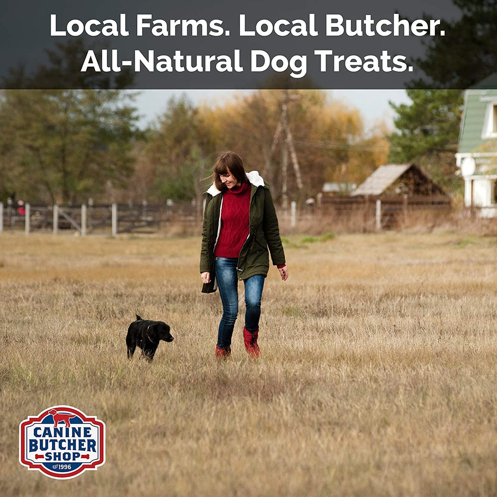 Canine Butcher Shop label and ingredient panel emphasizing 100% chicken feet transparency