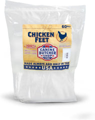 Canine Butcher Shop paquete frontal mostrando 60 patas de pollo, confianza en origen
