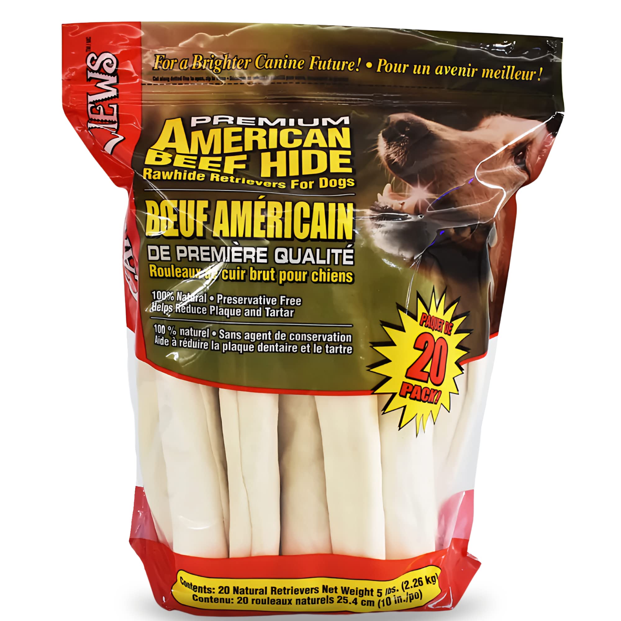 Canine Chews empaque frontal mostrando 20 rollos, ahorro y conveniencia