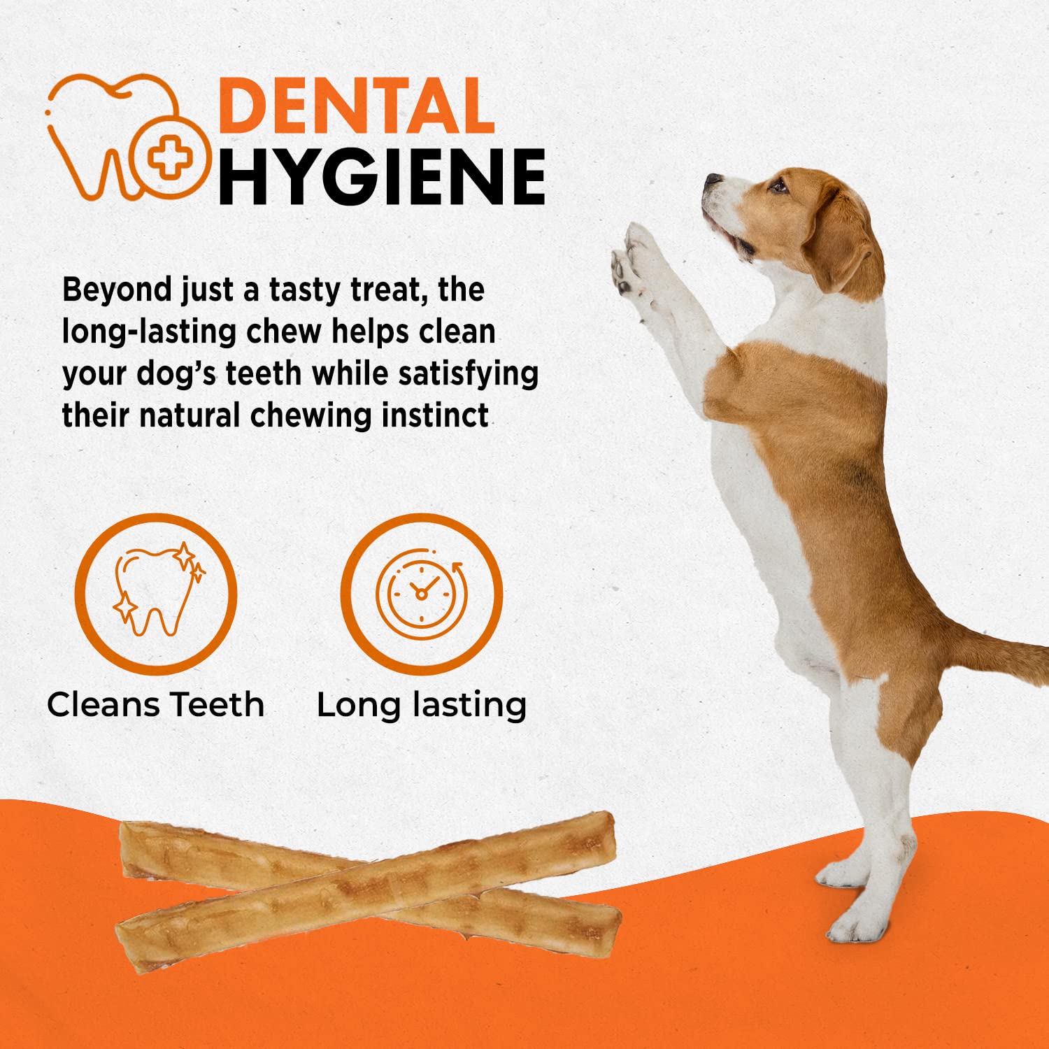 Canine Naturals stick next to a hand to show 5-inch size and portion guidance