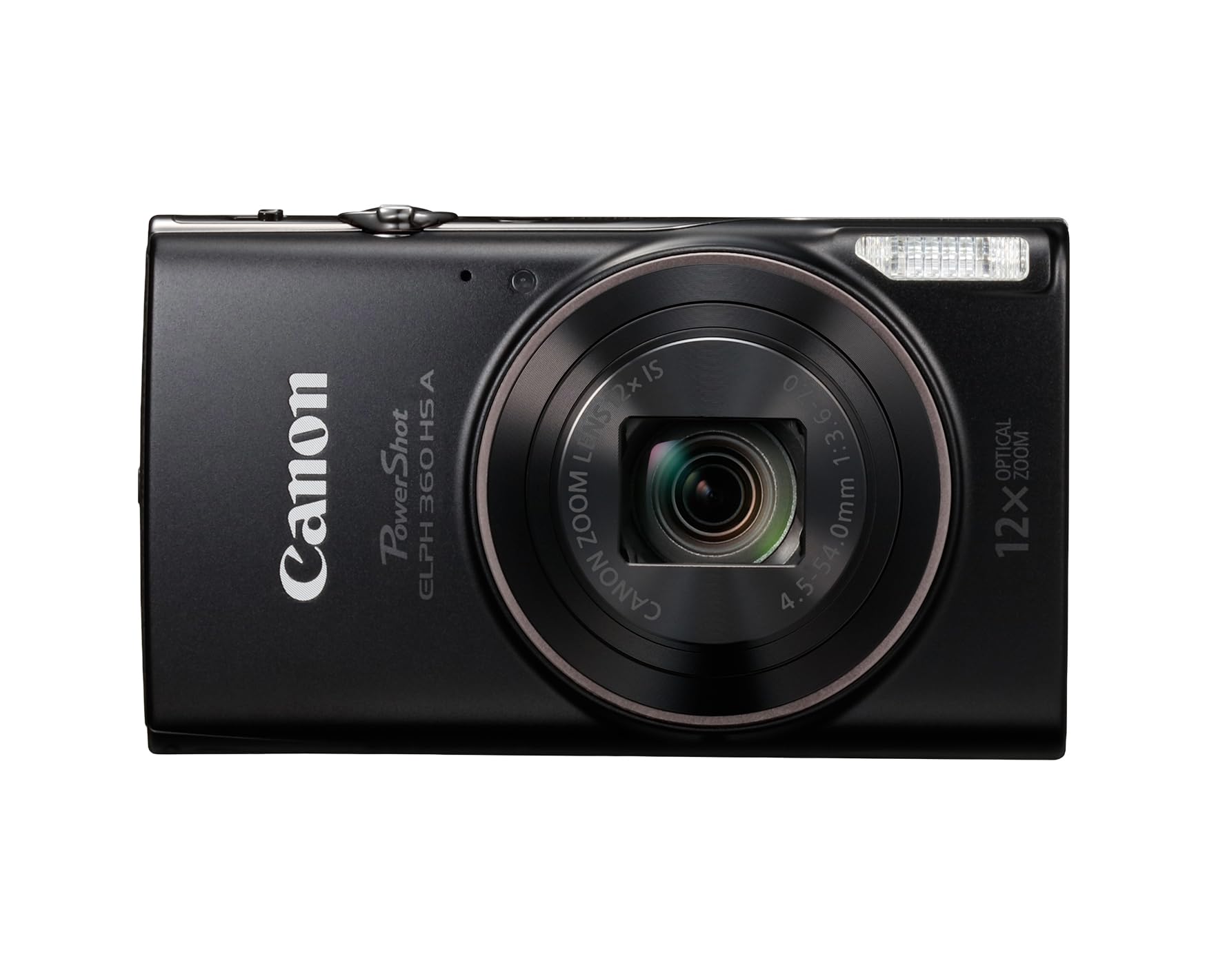 Canon PowerShot ELPH 360 HS A Black frontal mostrando diseño compacto y elegante