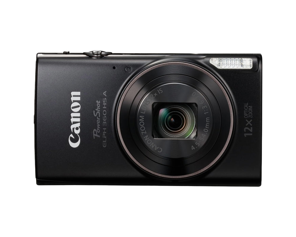 Canon PowerShot ELPH 360 HS A Black frontal mostrando diseño compacto y elegante