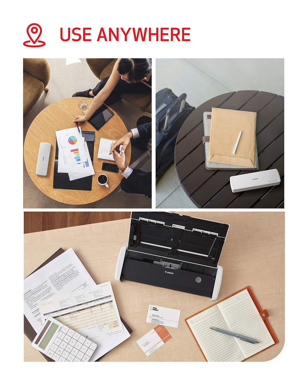 Canon imageFORMULA R10 junto a una laptop para comparar tamaño, fácil transporte