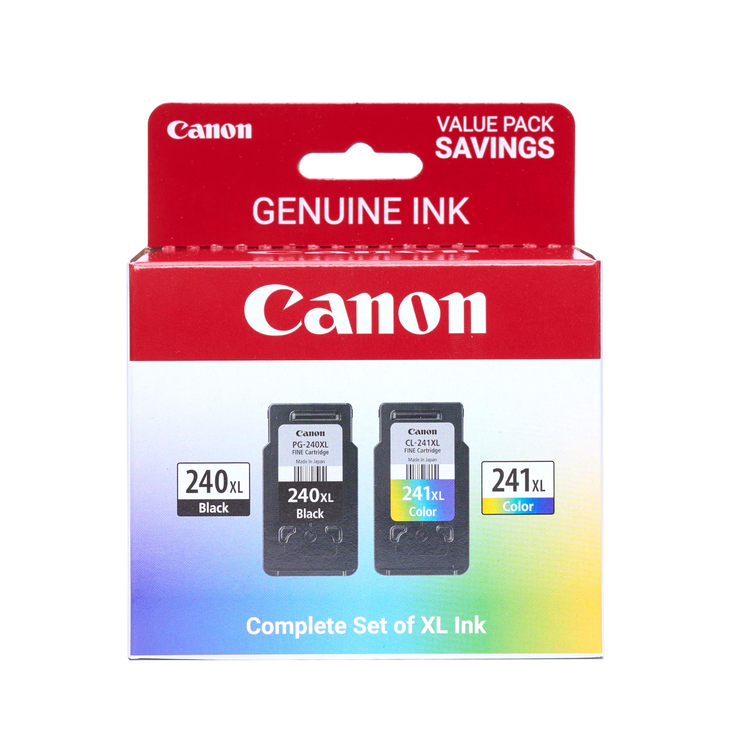 Canon pack frontal PG-240 XL CL-241 XL mostrando cartuchos y beneficiando calidad