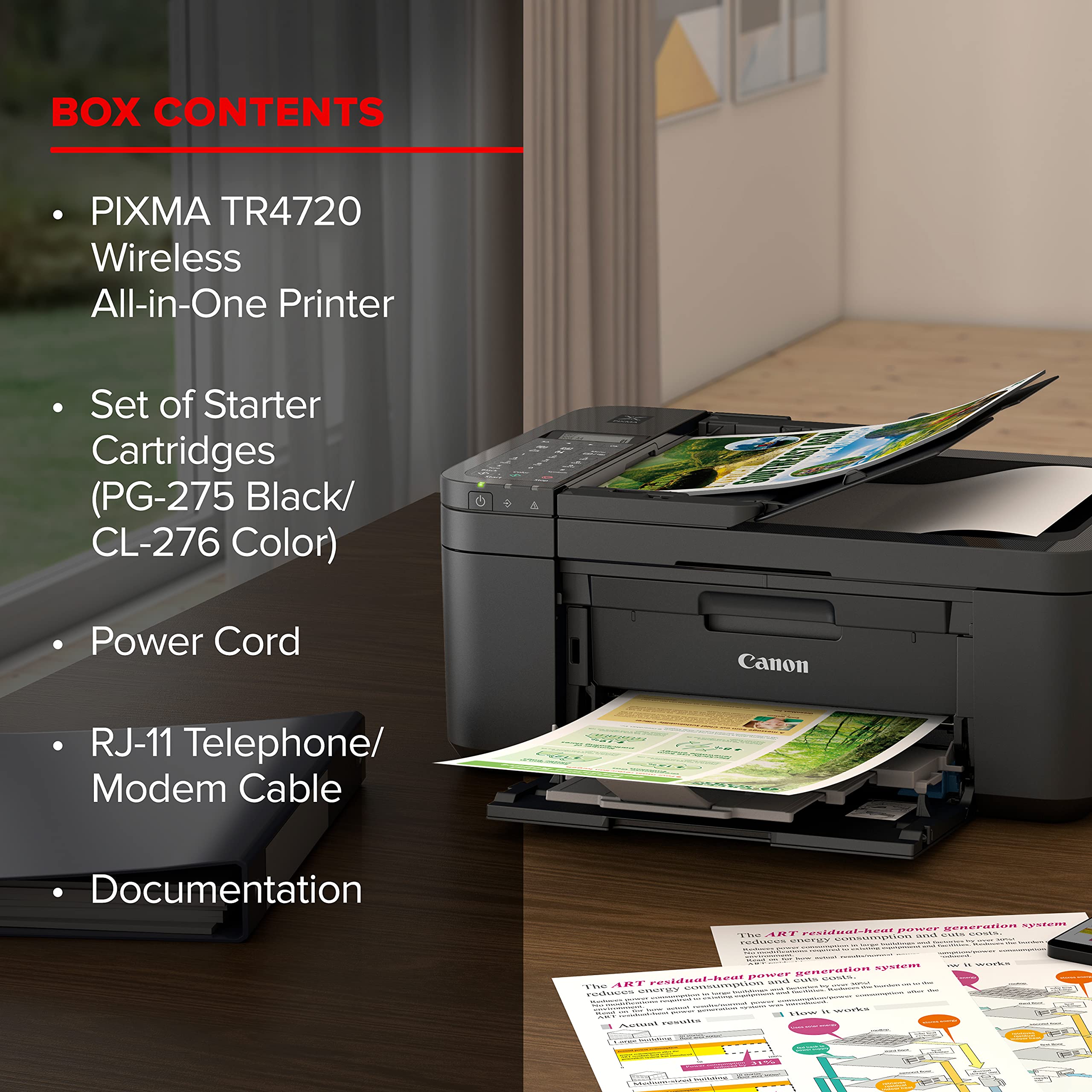 Canon PIXMA TR4720 colocada sobre escritorio mostrando su tamaño compacto y versatilidad