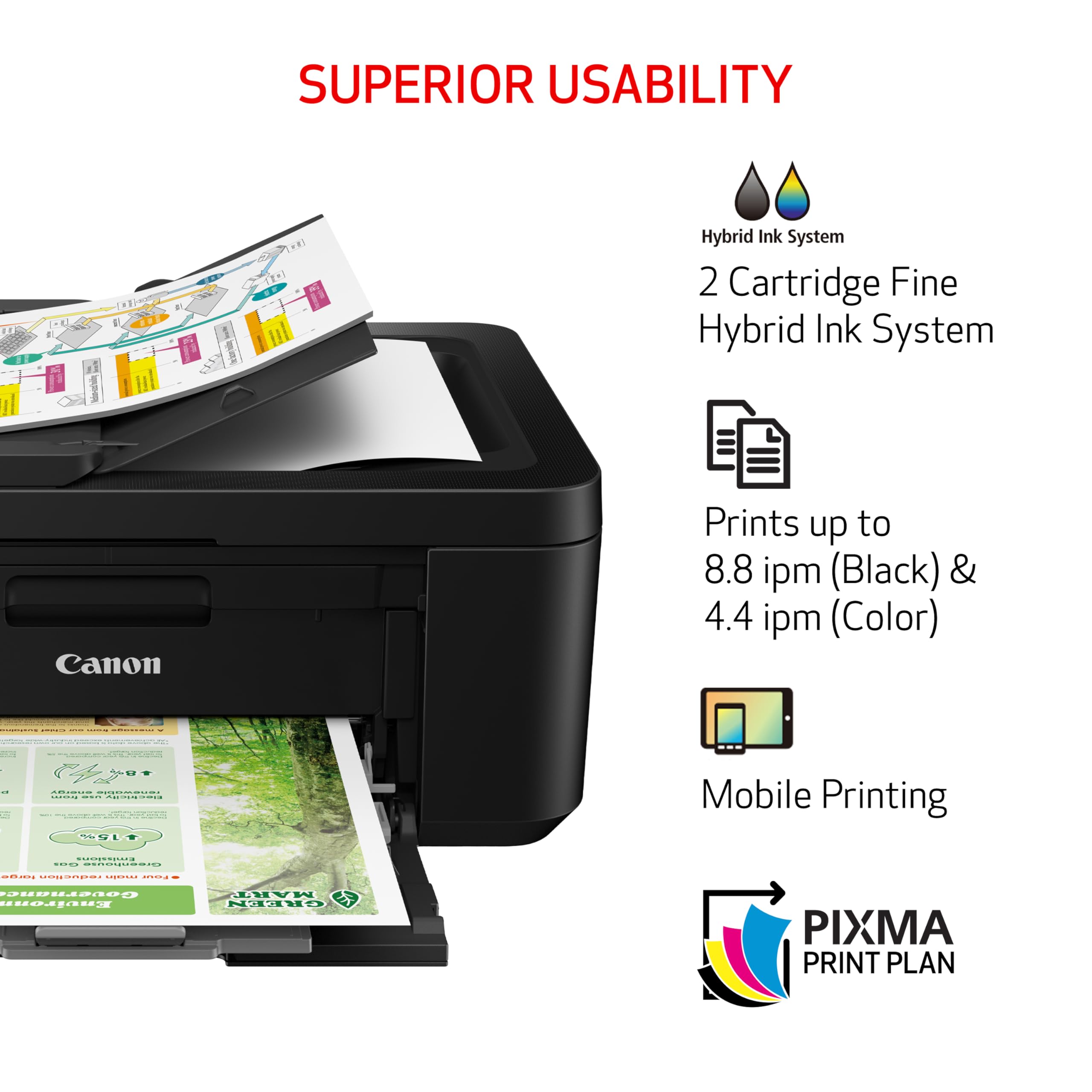 Canon PIXMA TR4720 imprimiendo foto sin bordes con colores vivos y alta calidad fotográfica
