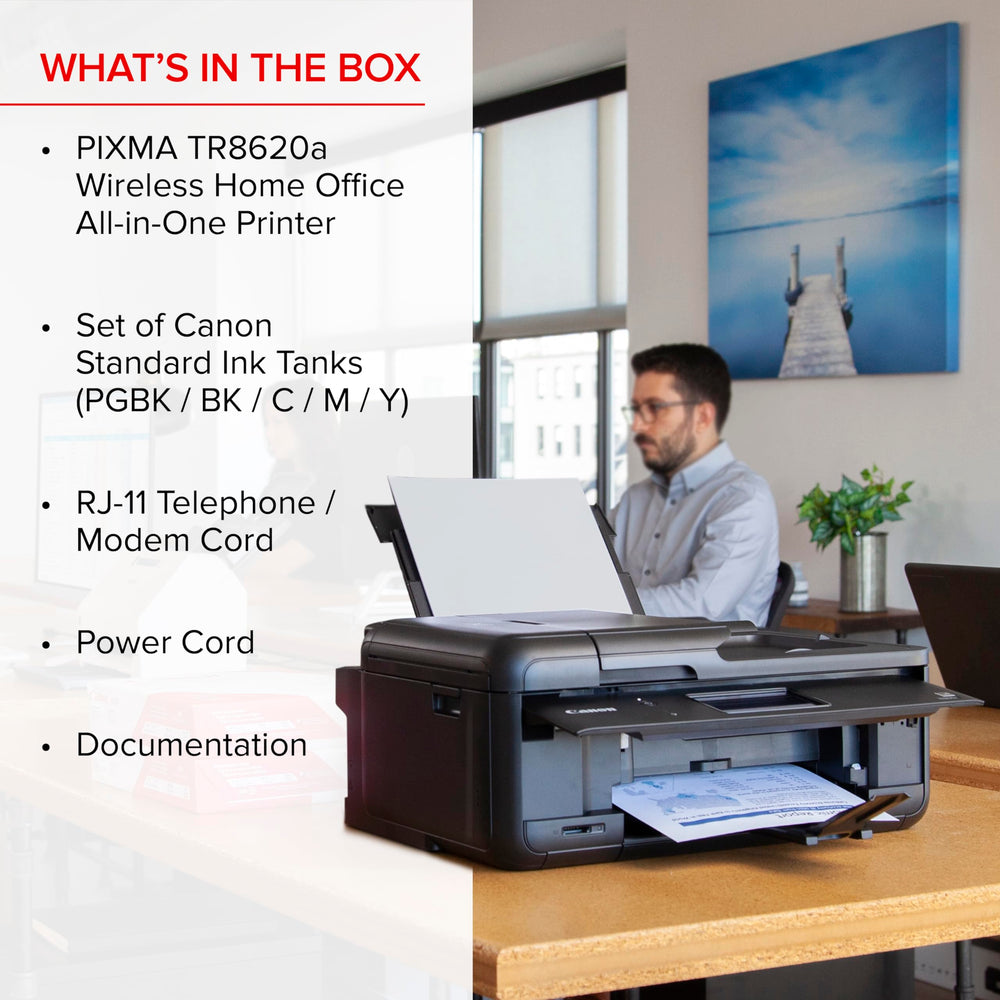 Canon PIXMA TR8620a en escritorio de oficina en casa, integra impresión inalámbrica y Alexa