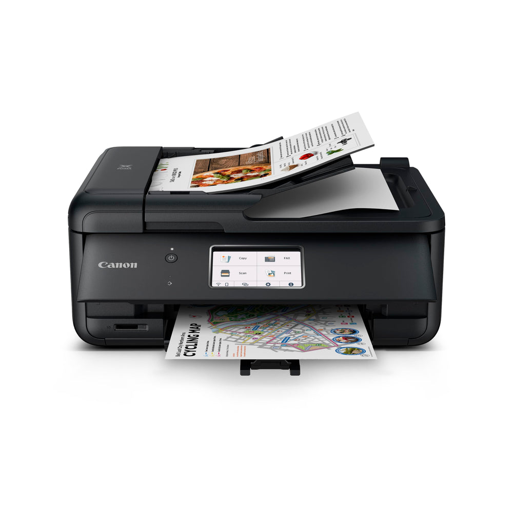 Canon PIXMA TR8620a vista frontal mostrando bandeja y diseño compacto, facilita organización