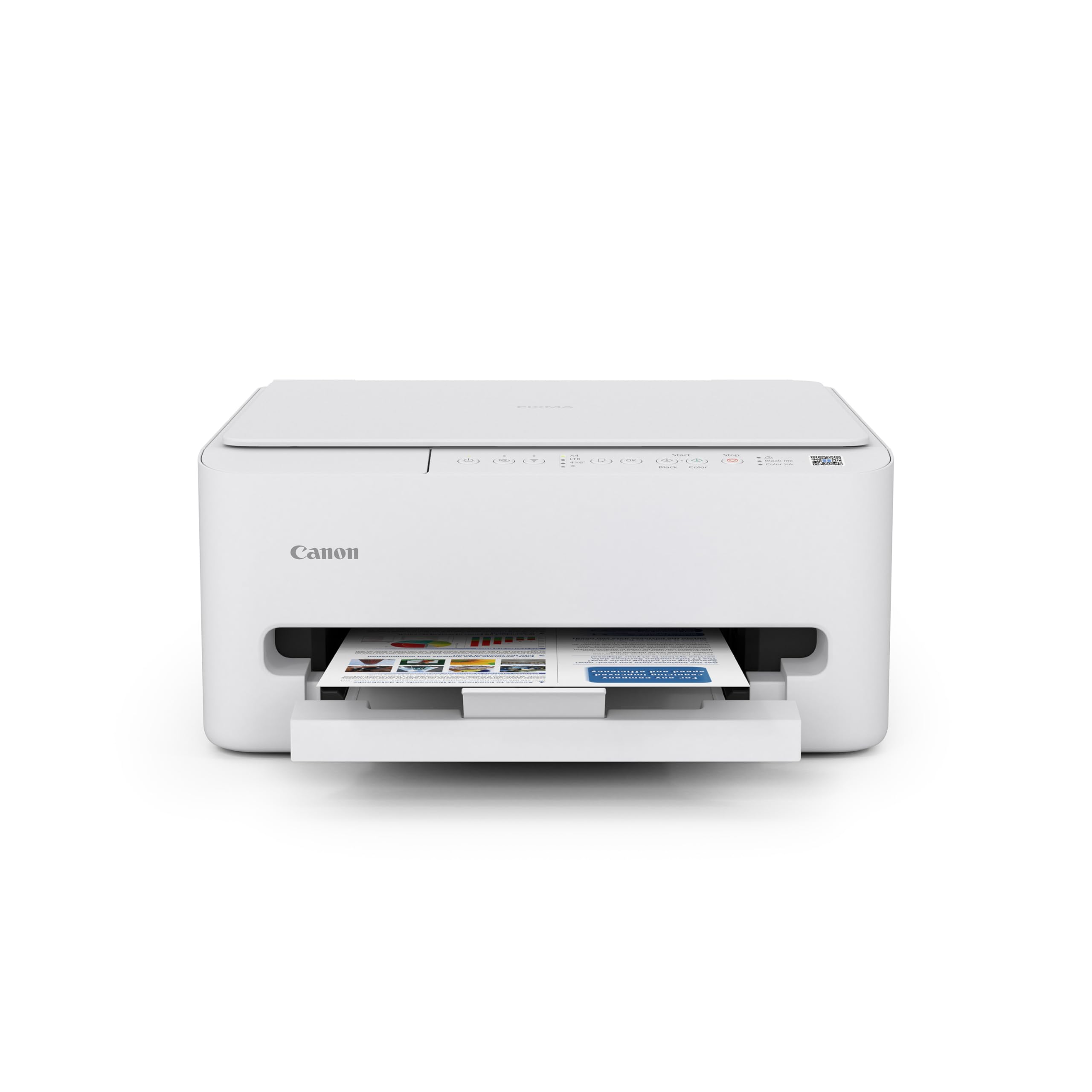 Canon PIXMA TS4320 vista frontal con bandeja desplegada, ahorro de espacio