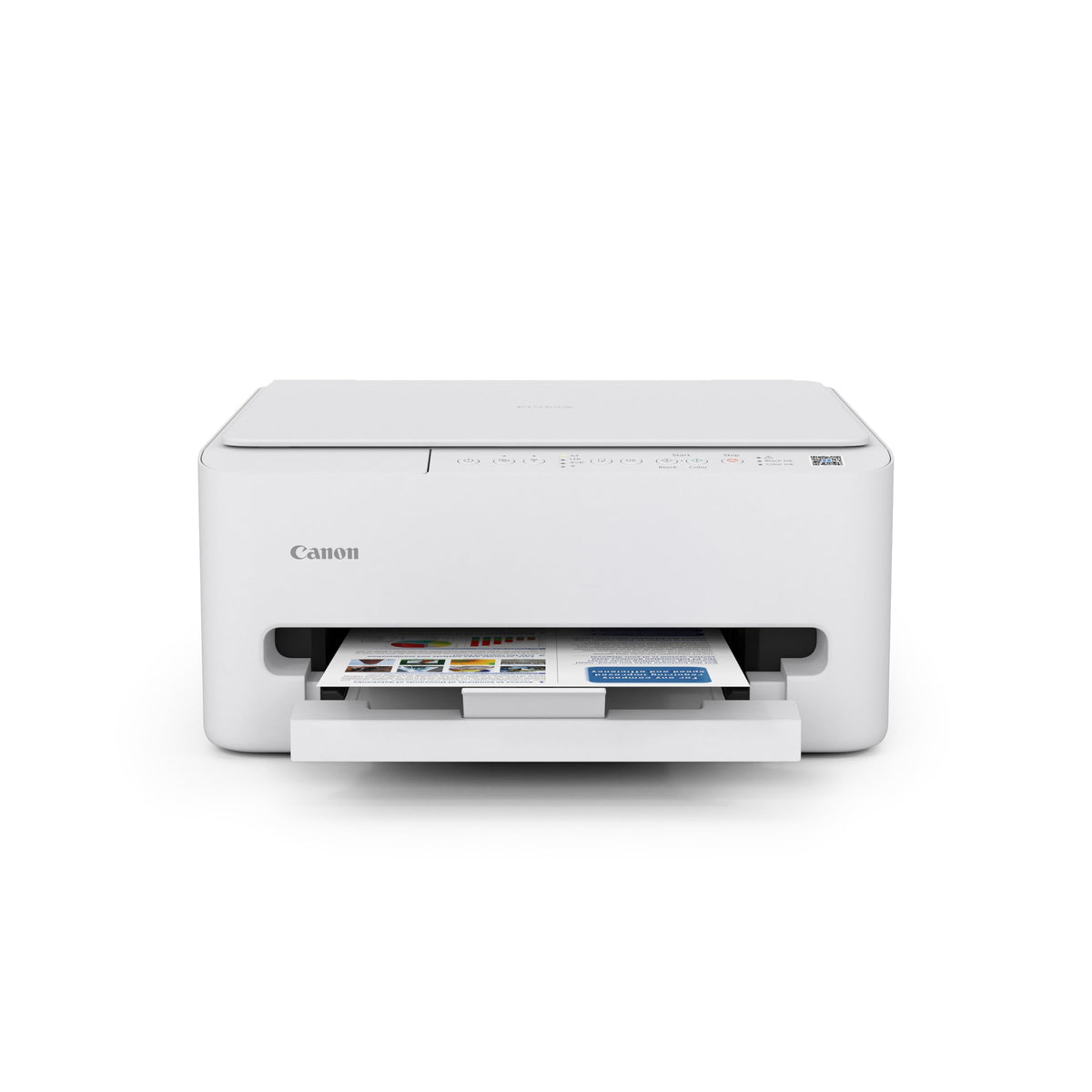 Canon PIXMA TS4320 vista frontal con bandeja desplegada, ahorro de espacio