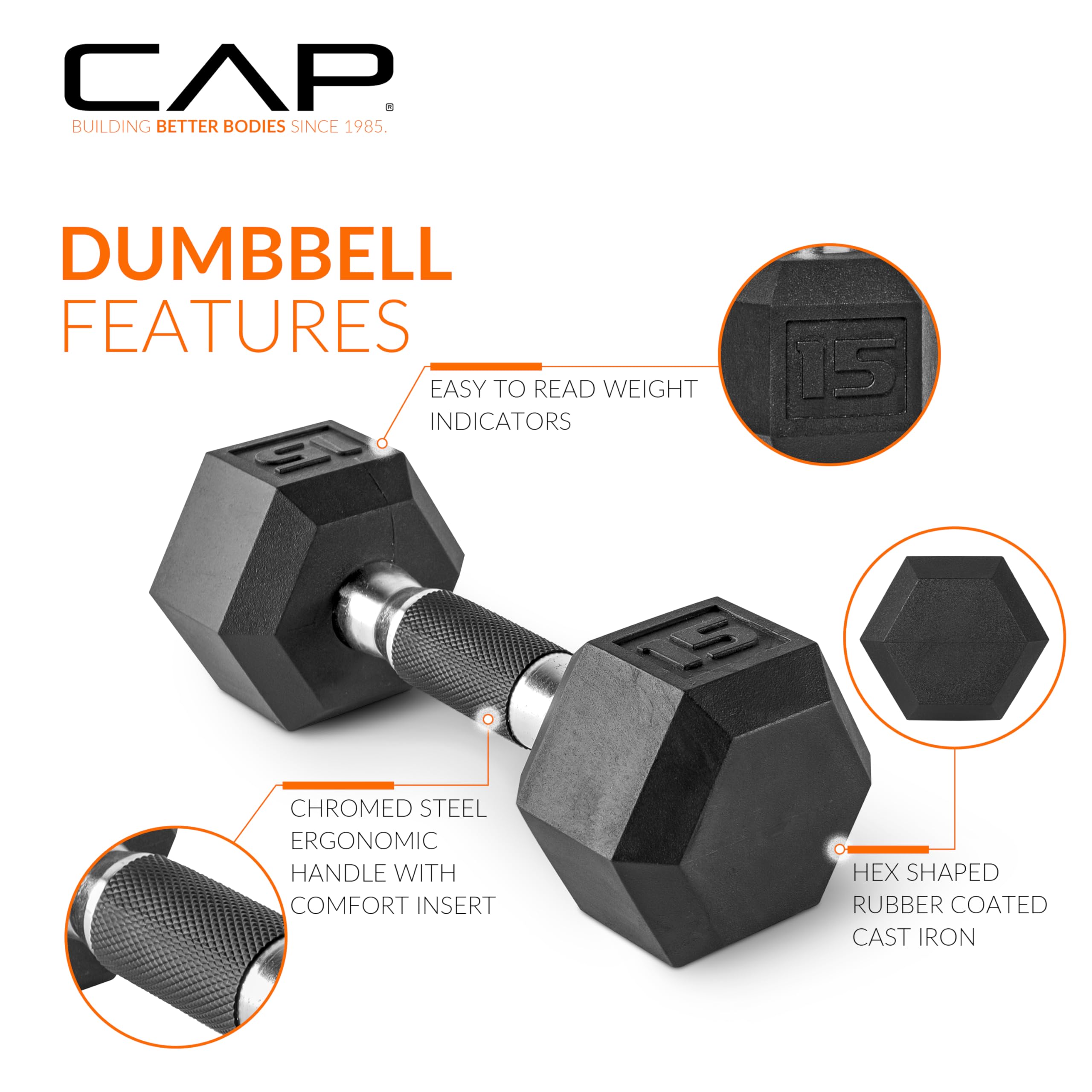 CAP mancuernas 20 lb primer plano del recubrimiento de goma reciclada y durabilidad