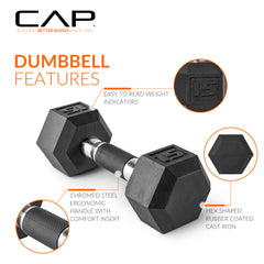CAP mancuernas 20 lb primer plano del recubrimiento de goma reciclada y durabilidad