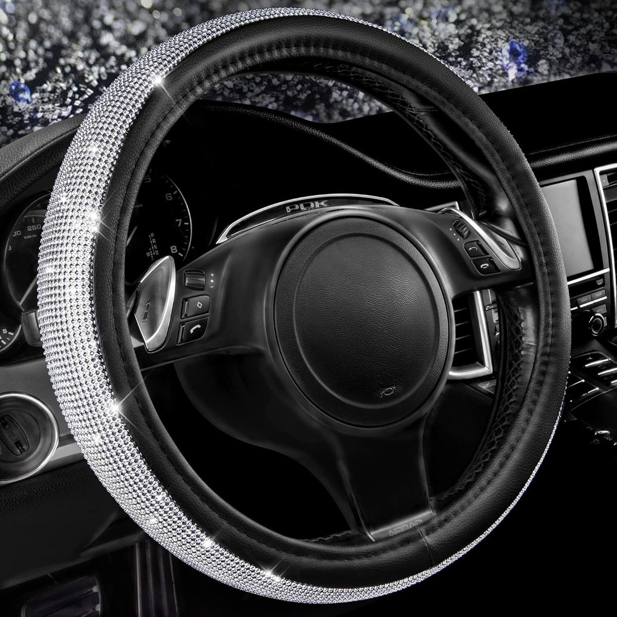 CAR PASS vista frontal de la funda plateada con brillo y ajuste elegante