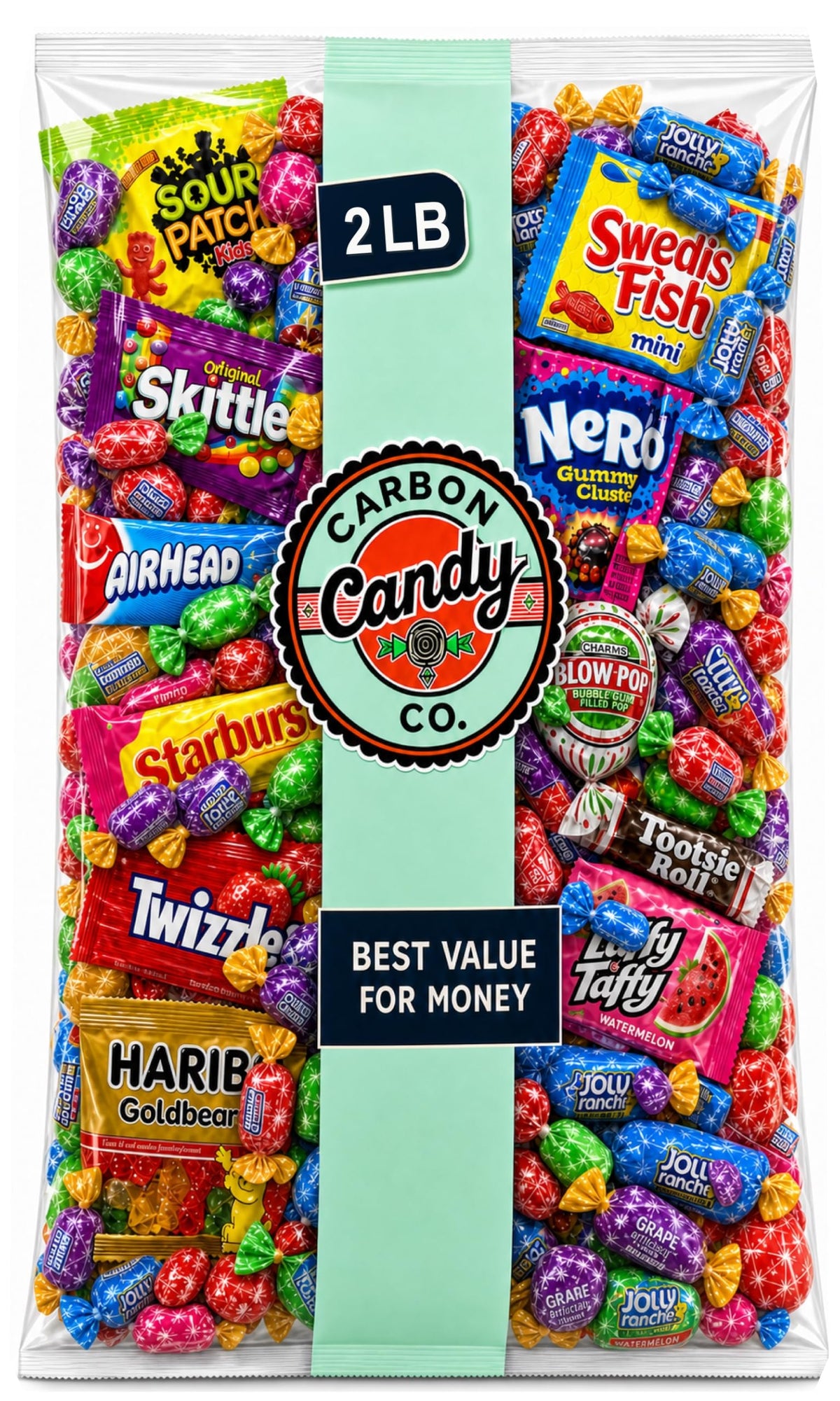 CARBON CANDY CO. envase frontal con mezcla colorida y variedad visible