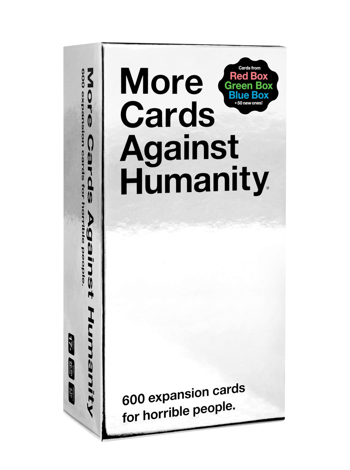 Cards Against Humanity caja delantera brillante que destaca en la estantería, atrae miradas