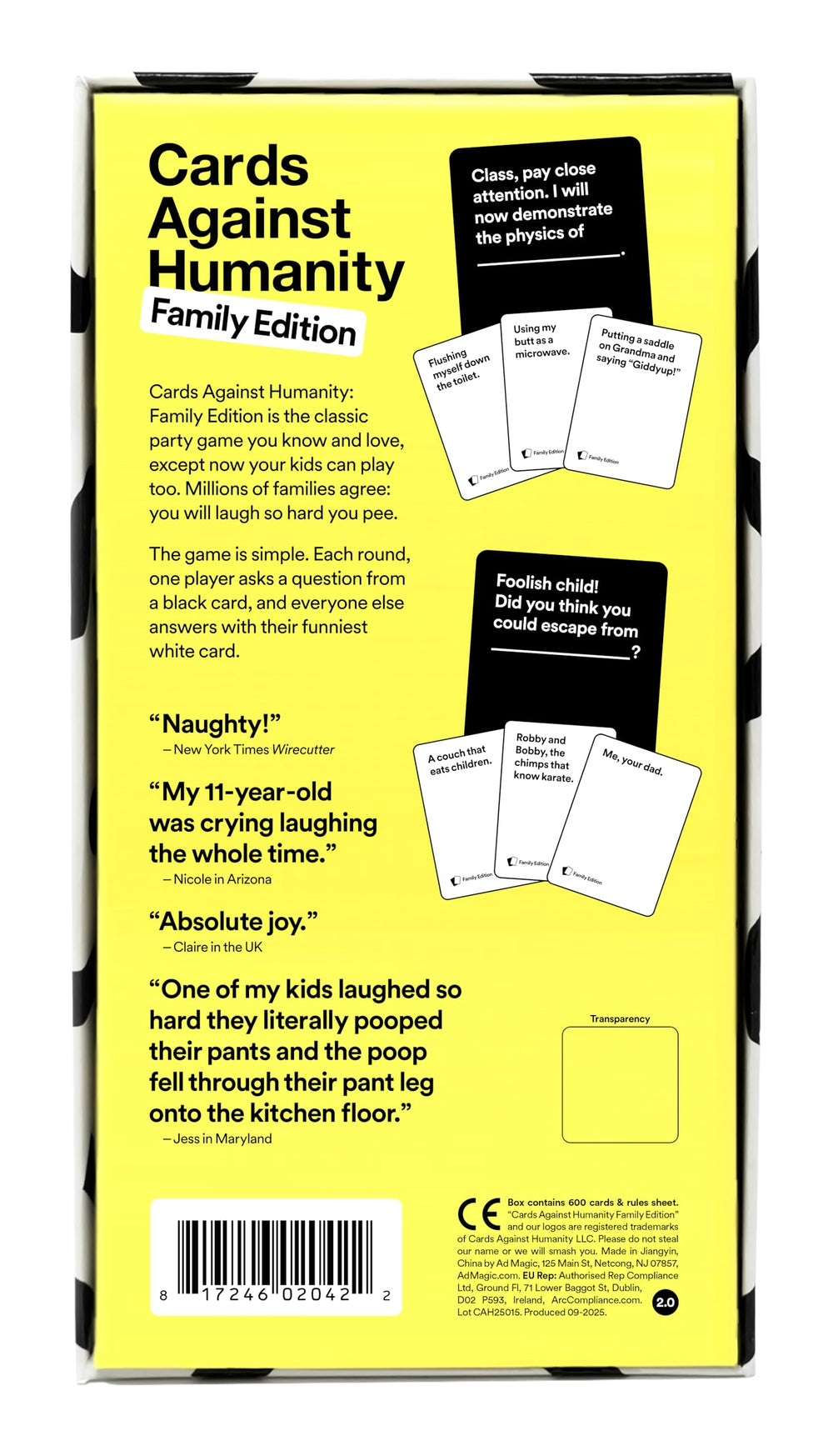 Cards Against Humanity primer plano de la impresión de la carta destacando legibilidad y durabilidad