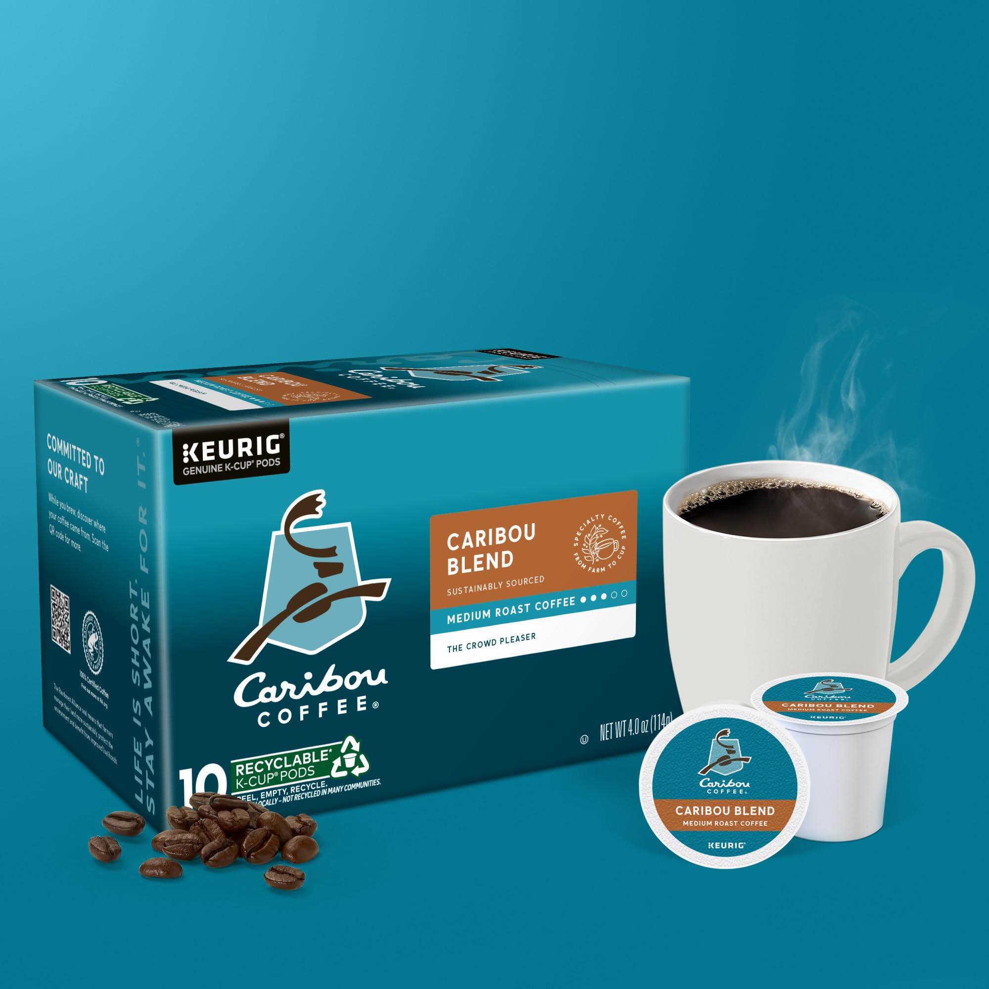 Caribou Coffee paquetes abiertos y cápsulas dispersas ilustrando contenido