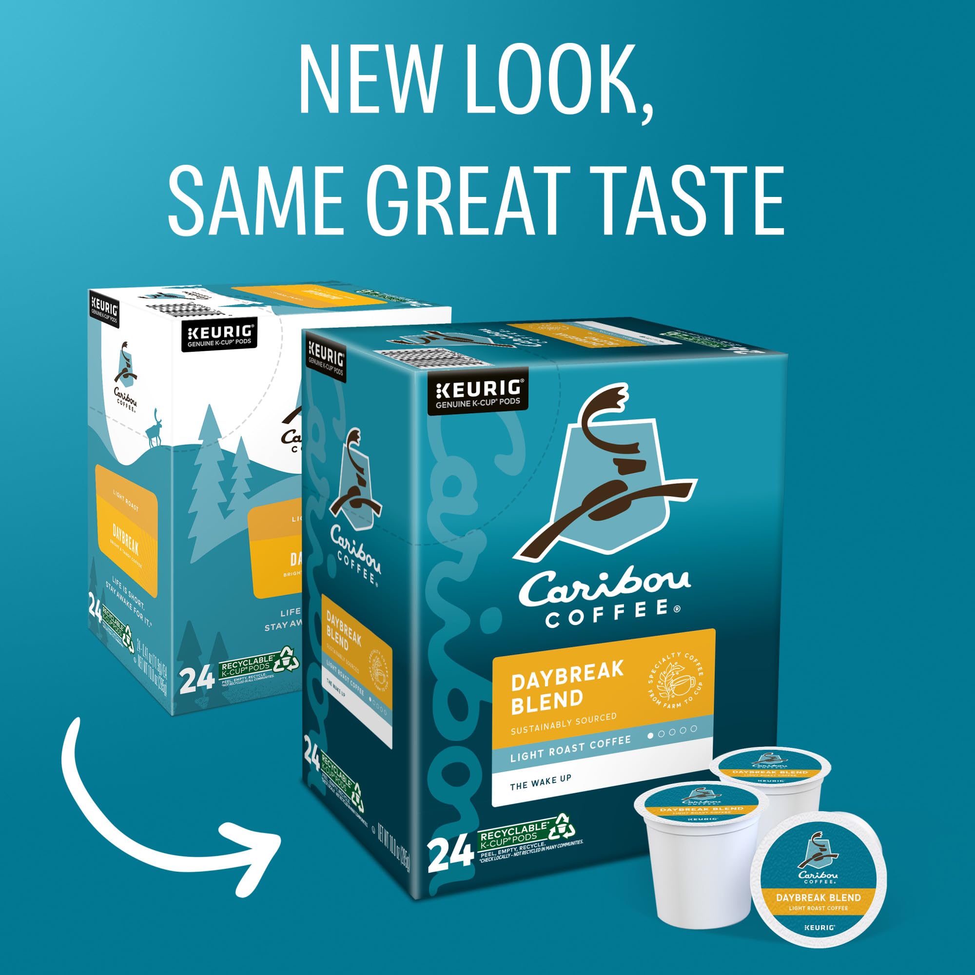 Caribou Coffee cápsula K-Cup primer plano que muestra diseño y uso fácil
