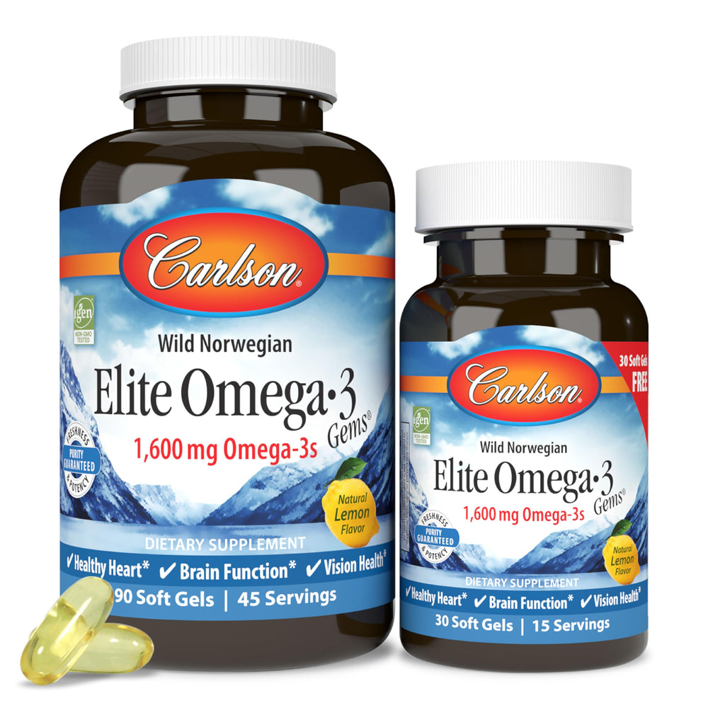 Carlson Elite Omega-3 Gems vista frontal con beneficio pureza certificada