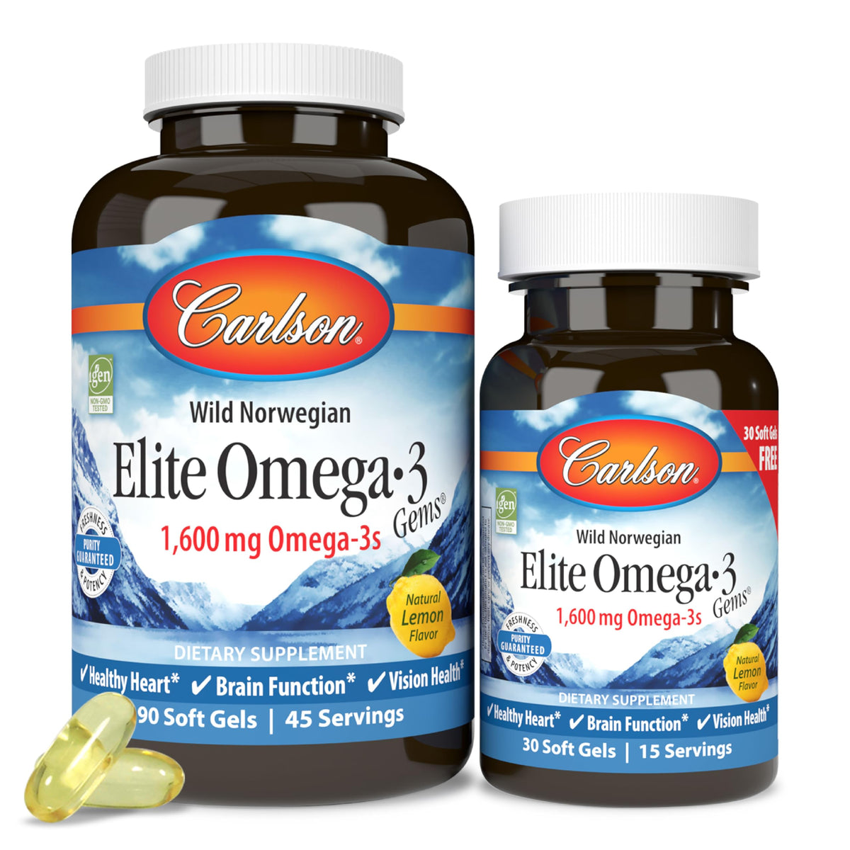 Carlson Elite Omega-3 Gems vista frontal con beneficio pureza certificada