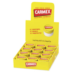 Carmex jar front packaging showing brand and compact size for daily care